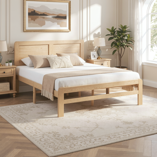 Sunvega Contemporary Natural Finish Full Size Platform Bed Frame with Headboard