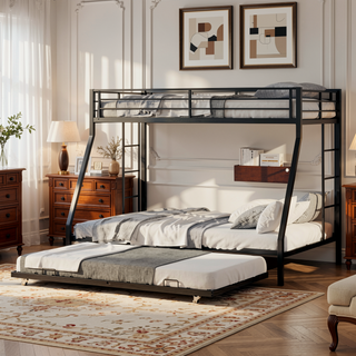 Sunvega High-Stability Square Tube Bunk Bed with Ladder & Rolling Trundle for Home Dormitory