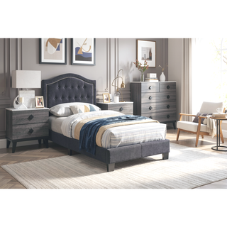 Sunvega European Queen Size Bed with Button Tufted Headboard and Charcoal Finish
