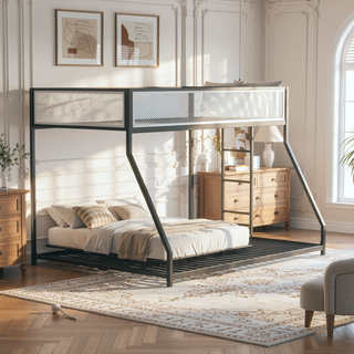 Sunvega Contemporary Twin Over Full Metal Bunk Bed with Reversible Ladder and Mesh Safety Rails
