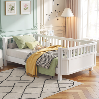 Sunvega Low Profile Twin Wood Platform Bed with Safety Rails for Kids Room