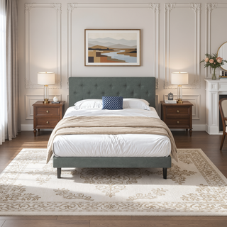 Sunvega Modern Upholstered Platform Bed Frame with Button Tufted Linen Headboard