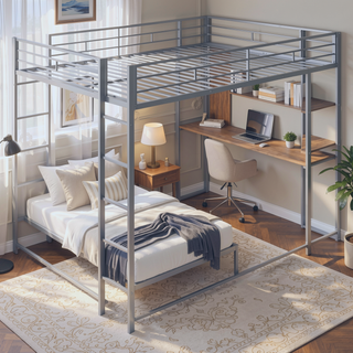 Sunvega Full Size Metal Loft Bed with Desk and 2 Shelves White