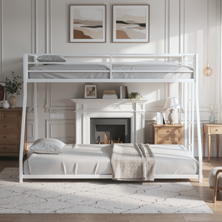 Sunvega Twin Over Full Low Bunk Bed with Reversible Ladder in Matte White Finish