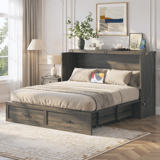 Sunvega Queen Size Murphy Cabinet Bed with Charging Station and Storage Drawer