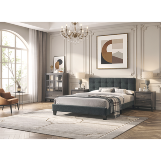 Sunvega Modern Light Gray Upholstered Tufted Headboard California King Platform Bed