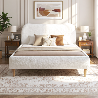 Sunvega King Upholstered Platform Bed with Curved Headboard in Oatmeal Chenille