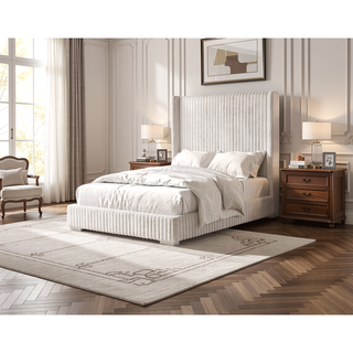 Sunvega Contemporary White Fur Chenille Fabric Mattress Ready Queen Size Bed