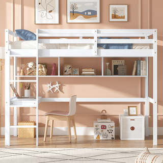 Sunvega Twin Size Loft Bed with Desk, Shelves, Safety Guardrail and Ladder in White