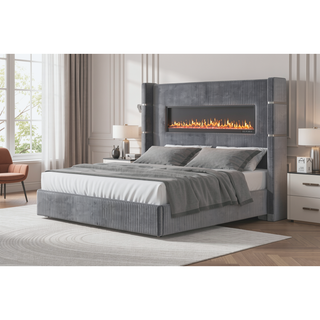 Sunvega Queen Size Upholstered Bed with Electric Fireplace and Bluetooth Speakers in Gray Velvet