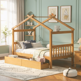 Sunvega Twin Size Wooden House Bed with Drawers and Headboard for Kids Room