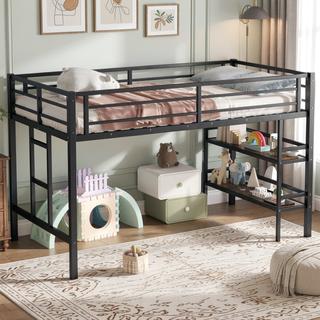 Sunvega Twin Size Metal Loft Bed with Storage Shelf and Safety Guardrails for Kids