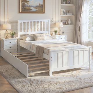 Sunvega White Twin Size Wood Platform Bed with Trundle for Maximized Space