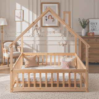Sunvega Full Size House Shaped Headboard Floor Bed with Safety Fence Guardrails