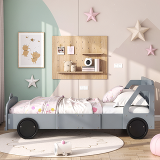 Sunvega Blue Twin Size Car-Shaped Platform Bed with Wheels for Kids