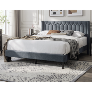 Sunvega Modern Charcoal Burlap Upholstered Queen Size Headboard with Diamond Design