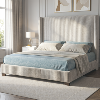 Sunvega Queen Upholstered Pleated Bed in a Box with Sturdy Dark Brown Frame