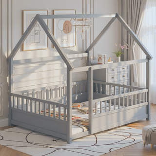 Sunvega Twin Size Floor Wooden Bed with House Roof Frame and Fence Guardrails