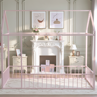 Sunvega Full Size Playhouse Metal Bed Frame with Fence for Kids and Teens