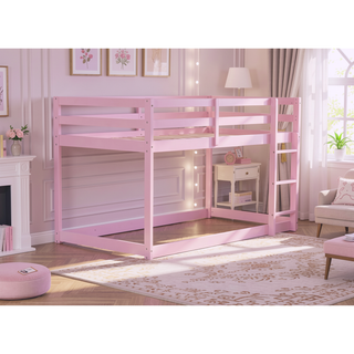 Sunvega Twin over Twin Floor Bunk Bed with Ladder and Strengthened Slats in Espresso