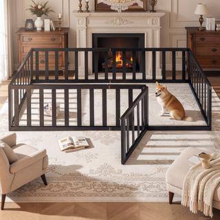 Sunvega Twin Size Wood Floor Bed Frame with Fence and Door in Walnut Finish