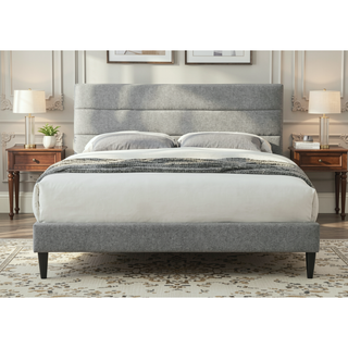 Sunvega Queen Upholstered Pleated Bed in a Box with Sturdy Dark Brown Frame