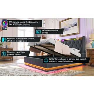 Sunvega Full Size Upholstered Bed with 360 LED Lighting Hydraulic Storage and USB Charging