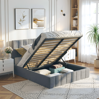 Sunvega Upholstered Platform Bed with Hydraulic Storage System in White Linen