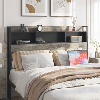 Sunvega Sturdy Single Bed Frame with Headboard Storage and Charging Station