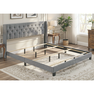 Sunvega Gray Polyester Fabric Wingback Bed with Button-tufted Details and Nailhead Trim