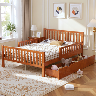 Sunvega Twin Size Walnut Wood Platform Bed with Guardrails and Two Storage Drawers