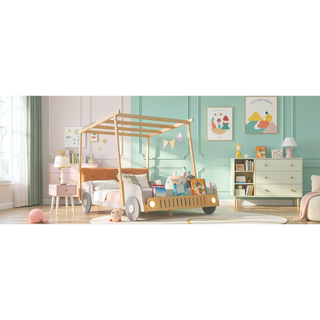 Sunvega Full Size Car Bed with LED Lights, Pillow, and Sturdy Wood Frame for Kids