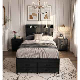 Sunvega Twin Bed Frame with Storage Headboard LED Lights Charging Station Drawers