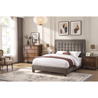 Sunvega Queen Size Upholstered Bed with Button Tufted Headboard in Brown Espresso Finish