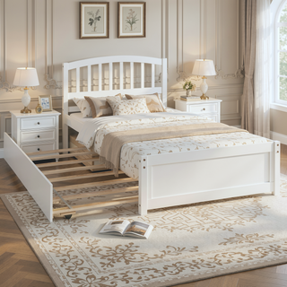 Sunvega Twin Size Gray Wood Platform Bed Frame with Trundle for Maximized Space