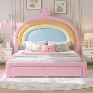 Sunvega Full Size Velvet Upholstered Rainbow Princess Platform Bed with Storage Drawer