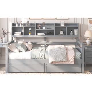 Sunvega Twin Size Daybed with Wood Slat Support, Bedside Shelf, and Two Drawers