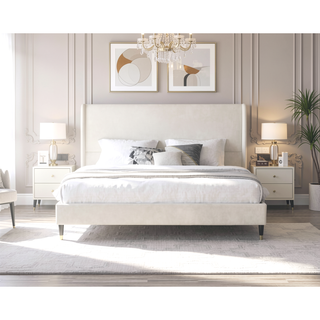 Sunvega King Beige Velvet Wingback Platform Bed with Low Profile Design
