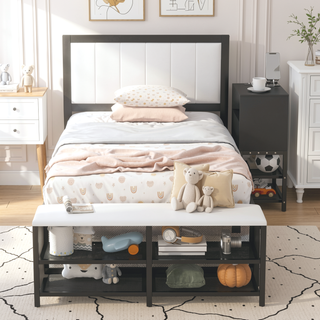 Sunvega Full Size Metal Platform Bed with Two Tier Storage Shelves and Wooden Cabinet