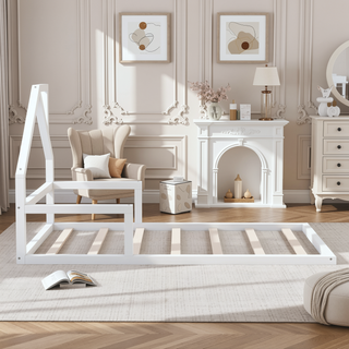 Sunvega Natural Wood Floor Bed with House-Shaped Headboard for Kids Room