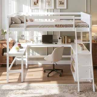 Sunvega Sturdy Pine Wood Loft Bed with Desk and Bookshelves for Space Saving