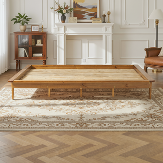 Sunvega Mid-Century Modern King Platform Bed Frame in Caramel Solid Pine Wood