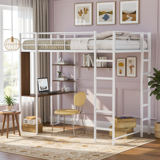 Sunvega Twin Metal Loft Bed with 2 Shelves and Desk for Study and Storage