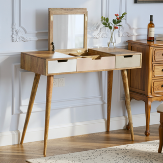 Sunvega Solid Mango Wood Dressing Table with 3 Gradient Pink and Beige Drawers