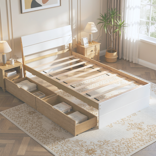 Sunvega Modern White High Gloss Twin Bed Frame with Light Oak Trundle for Space Saving