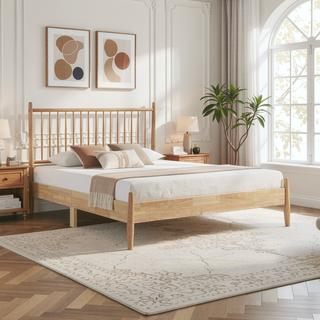 Sunvega Mid-Century Modern Design Full Platform Bed with Vertical Slats Headboard