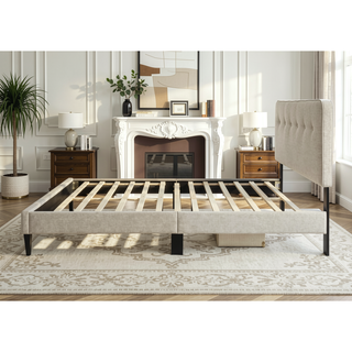 Sunvega Queen Upholstered Pleated Bed in a Box with Sturdy Dark Brown Frame