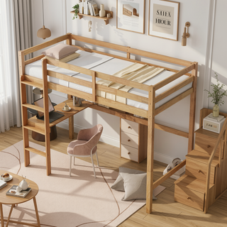 Sunvega Pink Rubber Wood Twin High Loft Bed with Safety Guardrail and Built-in Desk