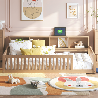 Sunvega White Wood Twin XL Floor Bed with Storage Cabinets and USB Charging Ports
