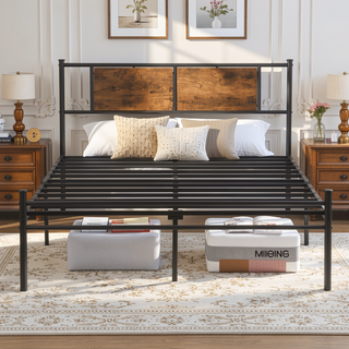 Sunvega Twin Size Metal Bed Frame with Wood Panel Headboard and Under Storage